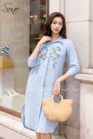 SONO - Đầm sơ mi linen thêu hoa mẫu đơn