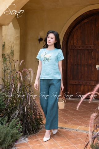 SONO - Áo linen thêu cành hoa đơn và bướm