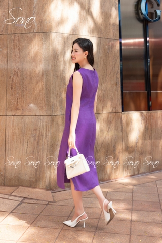 SONO - Đầm linen nút gỗ bên thêu viền cổ tim