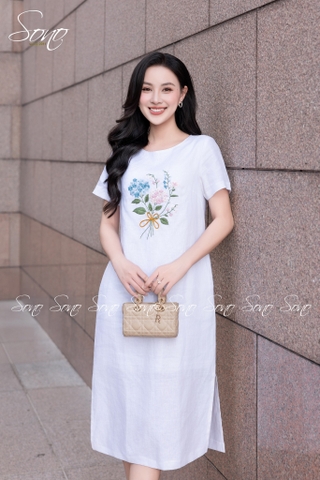 SONO - Đầm linen có tay thêu bó hoa tú cầu