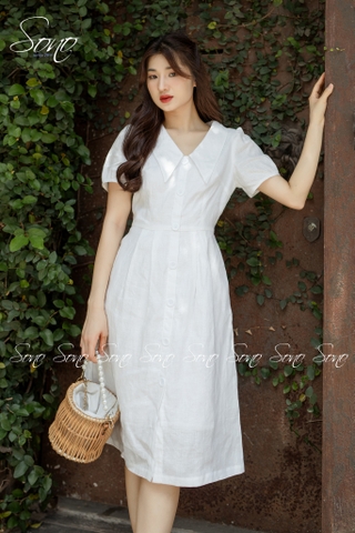 SONO - Đầm linen cổ bẻ nút sừng