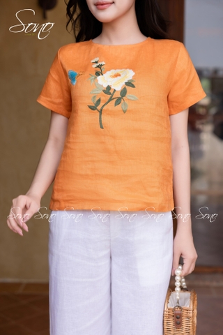 SONO - Áo linen thêu cành hoa đơn và bướm