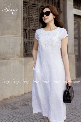 SONO - Đầm linen tay con phối ren ngực