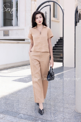 SONO - Bộ dài linen cổ V đính nút gỗ