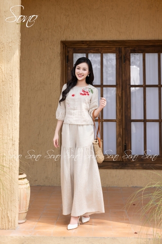 SONO - Áo linen tay lỡ thêu nhành hoa rơi
