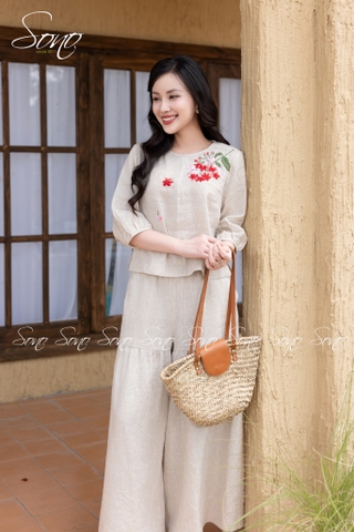 SONO - Áo linen tay lỡ thêu nhành hoa rơi