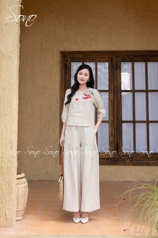SONO - Áo linen tay lỡ thêu nhành hoa rơi
