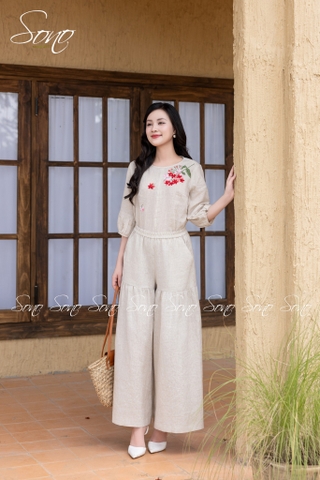 SONO - Áo linen tay lỡ thêu nhành hoa rơi
