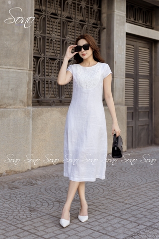 SONO - Đầm linen tay con phối ren ngực