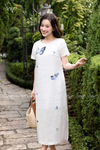 SONO - Đầm trắng có tay thêu cánh bướm