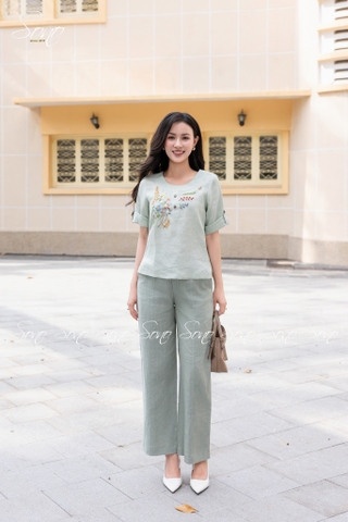 SONO - Áo linen cổ trứng tay lật lai