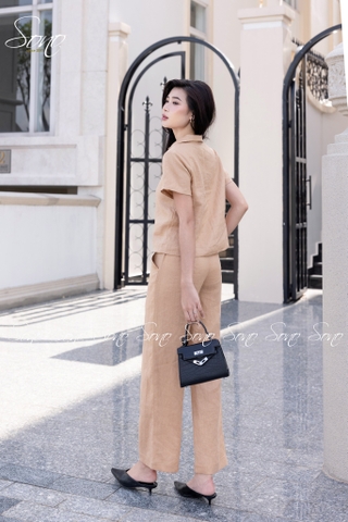 SONO - Bộ dài linen cổ V đính nút gỗ