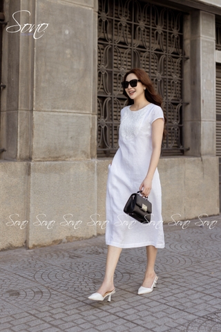 SONO - Đầm linen tay con phối ren ngực
