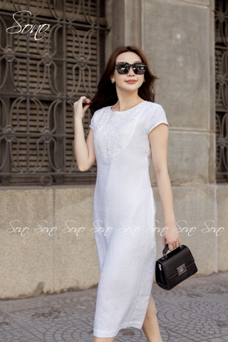 SONO - Đầm linen tay con phối ren ngực
