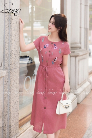 SONO - Đầm linen rút dây thêu nhiều hoa