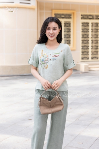 SONO - Áo linen cổ trứng tay lật lai