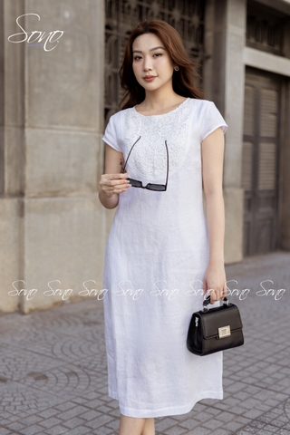 SONO - Đầm linen tay con phối ren ngực