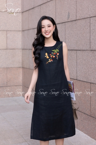 SONO - Đầm linen sát nách thêu nhánh hoa cam