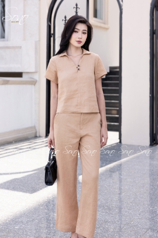 SONO - Bộ dài linen cổ V đính nút gỗ