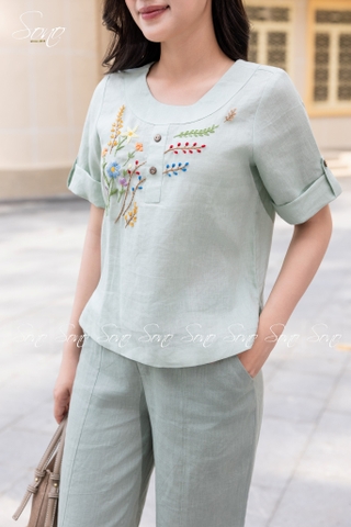 SONO - Áo linen cổ trứng tay lật lai