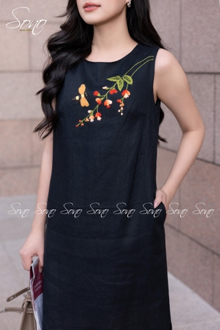 SONO - Đầm linen sát nách thêu nhánh hoa cam