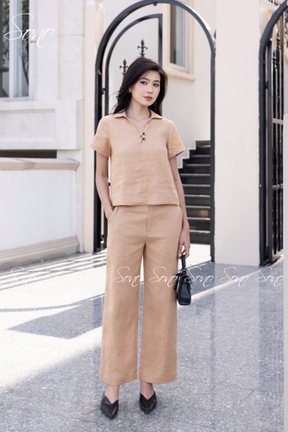 SONO - Bộ dài linen cổ V đính nút gỗ