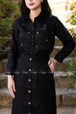 SONO - Áo sơ mi linen thêu hoa rơi