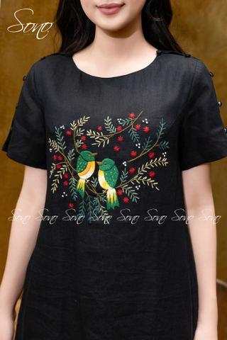SONO - Đầm linen nút bọc tay thêu chim