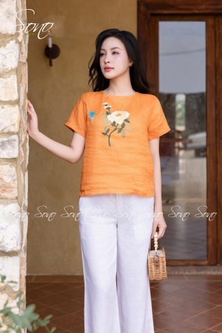SONO - Áo linen thêu cành hoa đơn và bướm
