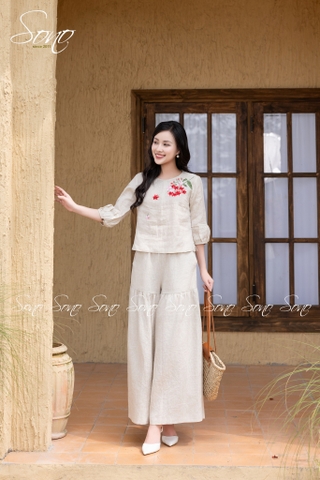 SONO - Áo linen tay lỡ thêu nhành hoa rơi