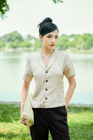 SONO - Áo linen cổ vest tay ngắn