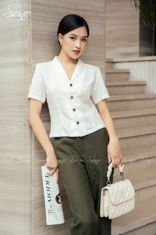 SONO - Áo linen cổ vest tay ngắn
