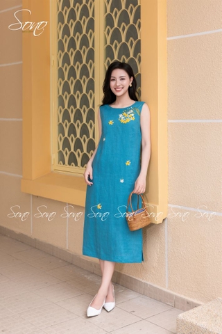 SONO - Đầm linen sát nách thêu nhánh hoa vàng