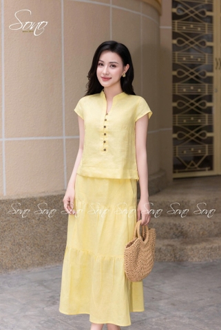 SONO - Áo linen cổ tàu đính nút gỗ