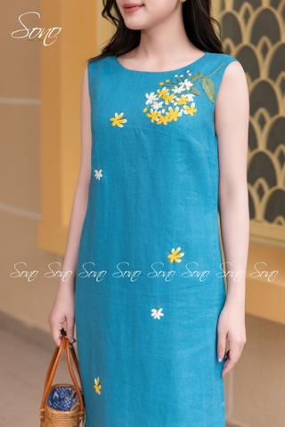 SONO - Đầm linen sát nách thêu nhánh hoa vàng