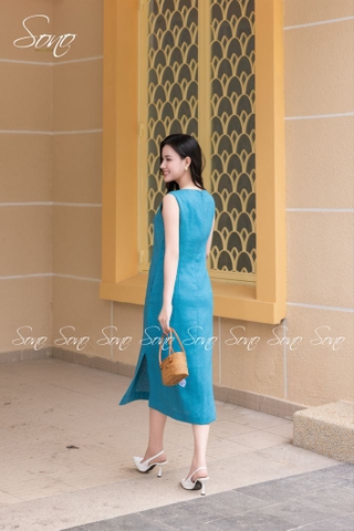 SONO - Đầm linen sát nách thêu nhánh hoa vàng