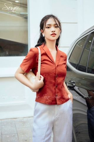 SONO - Áo linen cổ vest tay ngắn