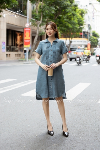 SONO - Đầm sơ mi linen xếp ly nhỏ
