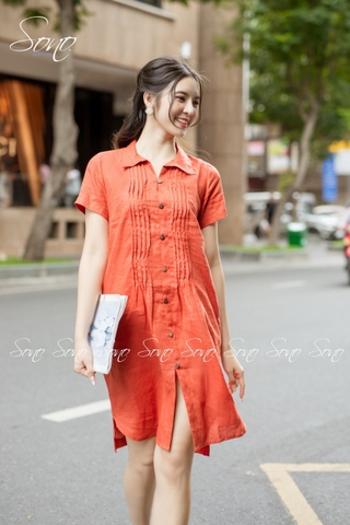 SONO - Đầm sơ mi linen xếp ly nhỏ