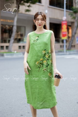 SONO - Đầm linen sát nách thêu hoa chấm màu
