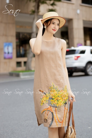 SONO - Đầm linen vẽ giỏ hoa xe đạp