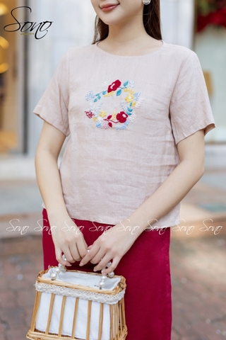 SONO - Áo linen tay ngắn thêu hoa vòng tròn