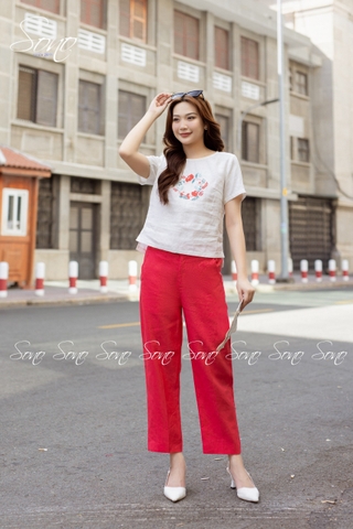 SONO - Áo linen tay ngắn thêu hoa vòng tròn