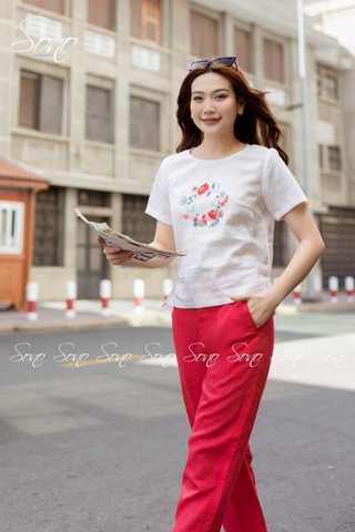 SONO - Áo linen tay ngắn thêu hoa vòng tròn