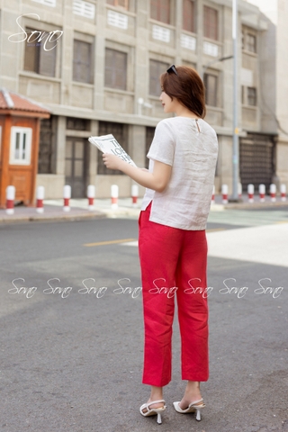 SONO - Áo linen tay ngắn thêu hoa vòng tròn