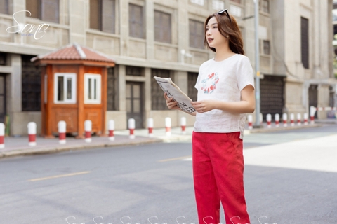 SONO - Áo linen tay ngắn thêu hoa vòng tròn