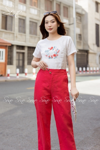 SONO - Quần linen đai đính nút gỗ