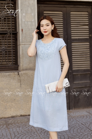 SONO - Đầm linen tay con phối ren ngực