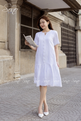 SONO - Đầm linen có tay chạy li dọc viền ren