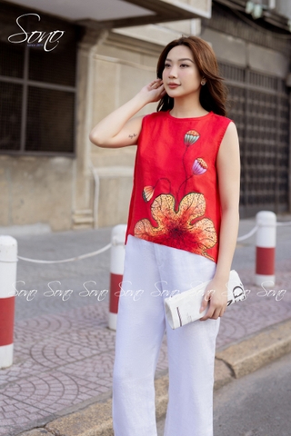 SONO - Áo linen sát nách vẽ lá sen